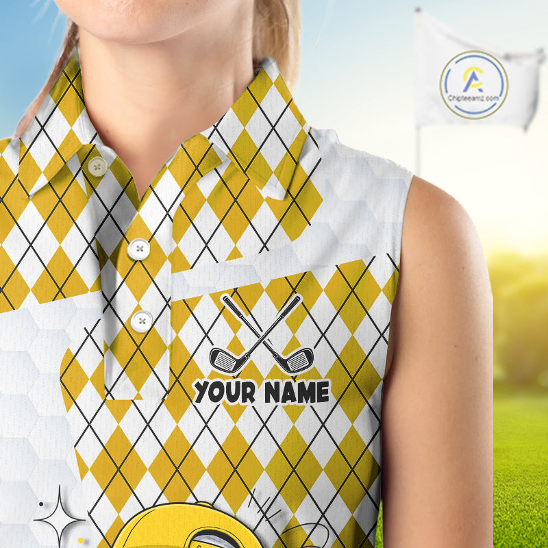 Sleeveless Women Golf Polo Shirt Argyle Pattern Golf Shirts For Womens Funny Golf Ball Shirtgifts|Yellow NHT864
