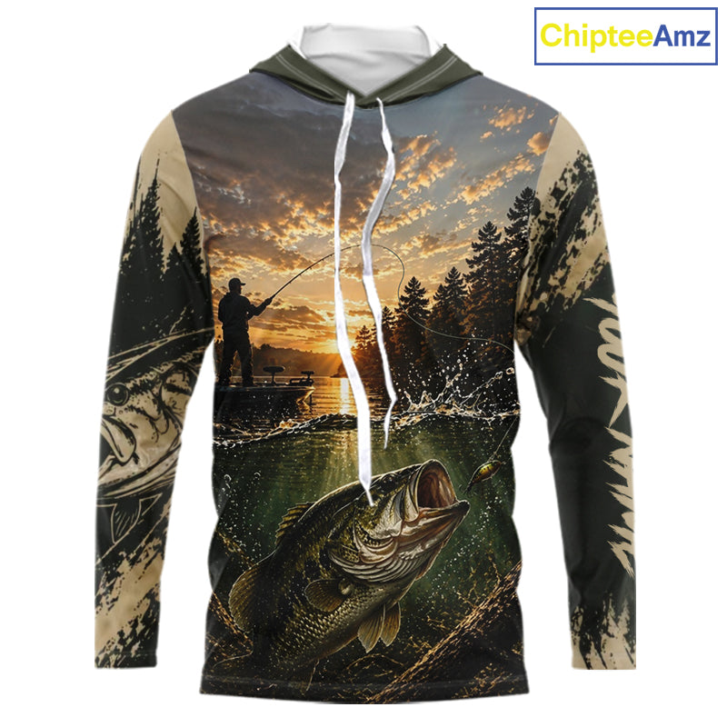Personalized Bass Hooded Fishing Shirt – Angler Sunset Lake Design, Outdoor Fishing Apparel Gift For Dad NHT866