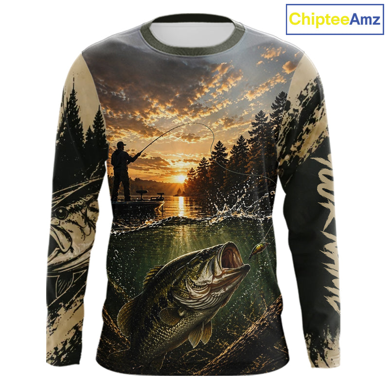 Personalized Bass Fishing Shirt – Angler Sunset Lake Design, Outdoor Fishing Apparel Gift For Dad NHT866