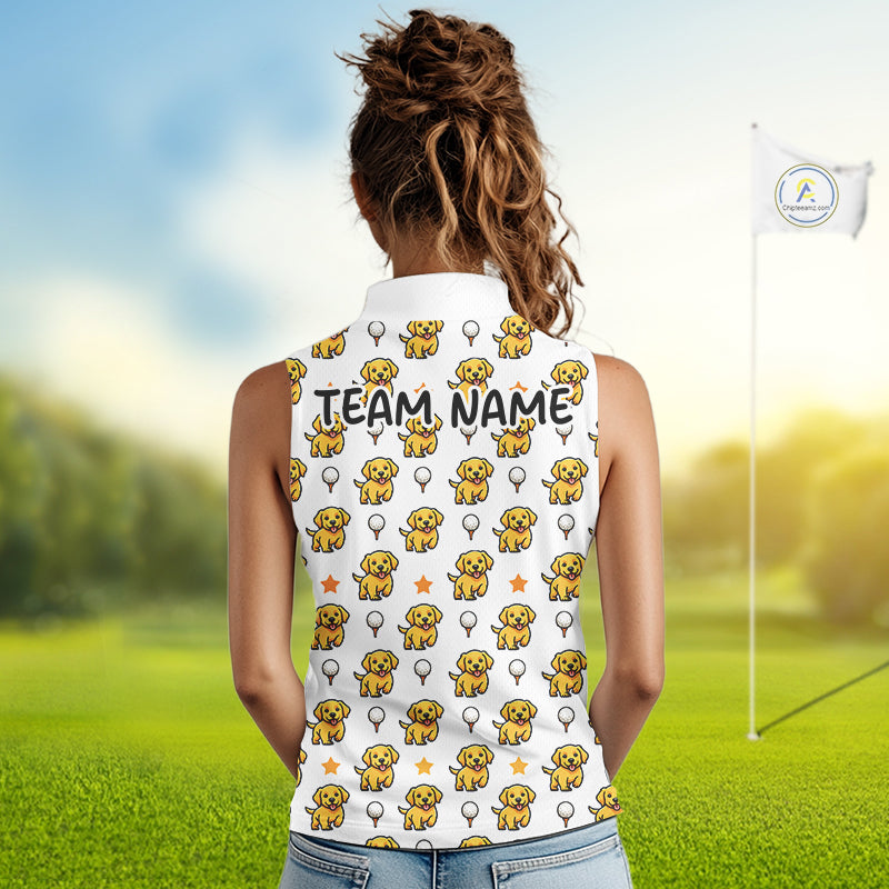 Person wearing a sleeveless shirt with 'TEAM NAME' and dog pattern on a golf course