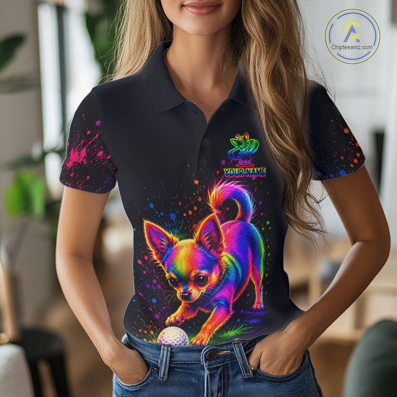 Woman wearing a black polo shirt with a colorful dog graphic and logo.