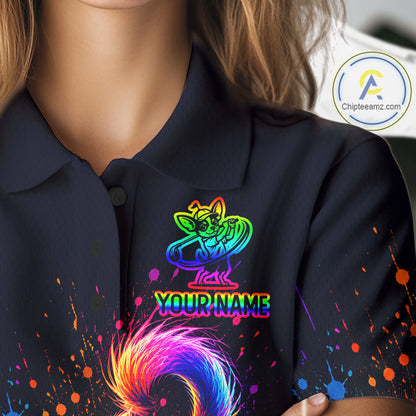 Black shirt with colorful design and 'Your Name' text on a blurred background