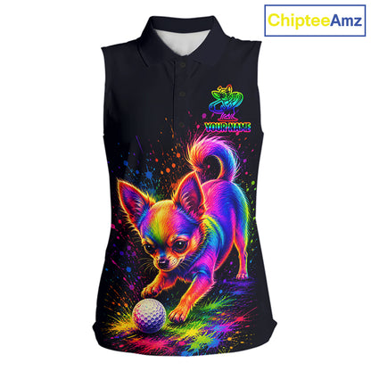 Personalized Womens Sleeveless Chihuahua Playing Golf Button Down Shirt - Custom Dog Lover Team Jersey
