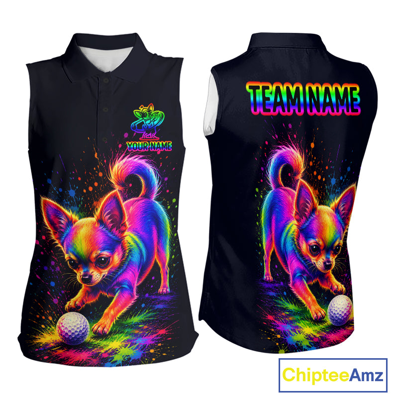 Personalized Womens Sleeveless Chihuahua Playing Golf Button Down Shirt - Custom Dog Lover Team Jersey