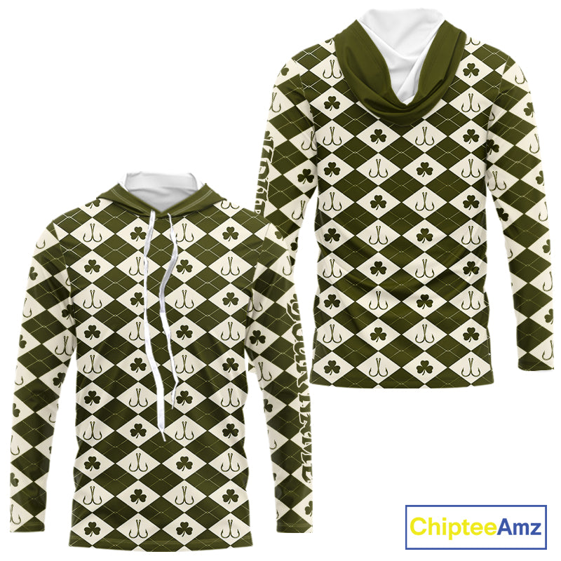 Irish Fishing Shirt Hooded Long Sleeve Shamrock Argyle, Funny Hook & Clover Pattern Top For Anglers NHT1483