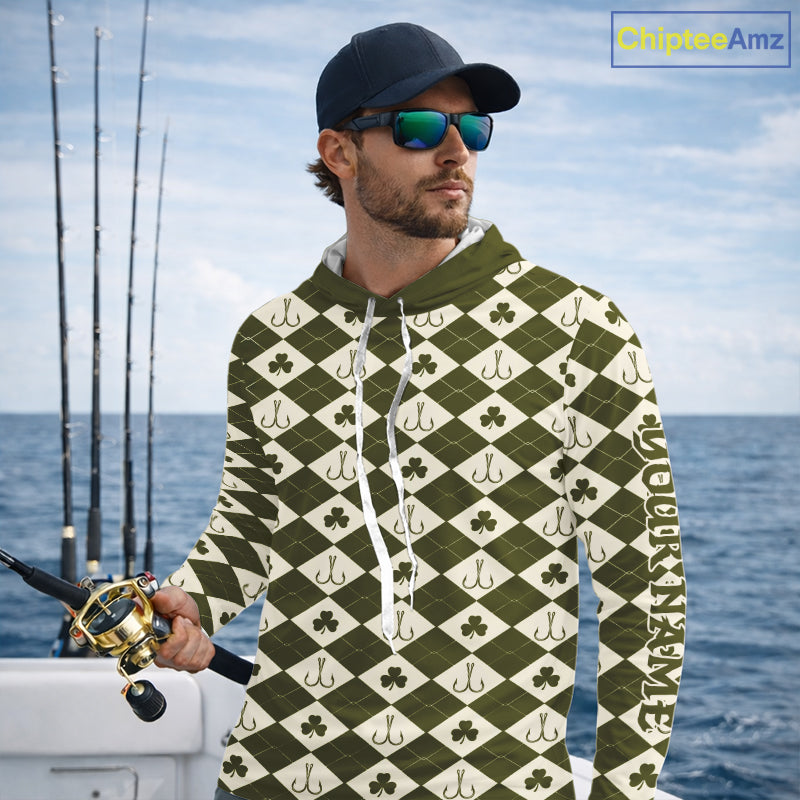 Irish Fishing Shirt Hooded Long Sleeve Shamrock Argyle, Funny Hook & Clover Pattern Top For Anglers NHT1483