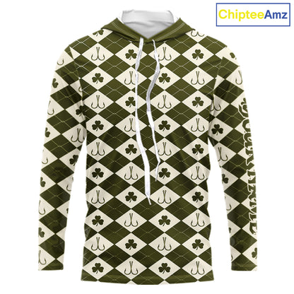 Irish Fishing Shirt Hooded Long Sleeve Shamrock Argyle, Funny Hook & Clover Pattern Top For Anglers NHT1483