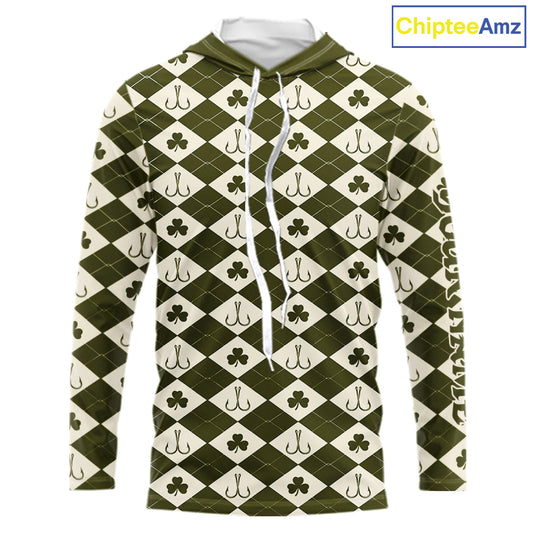 Irish Fishing Shirt Hooded Long Sleeve Shamrock Argyle, Funny Hook & Clover Pattern Top For Anglers NHT1483
