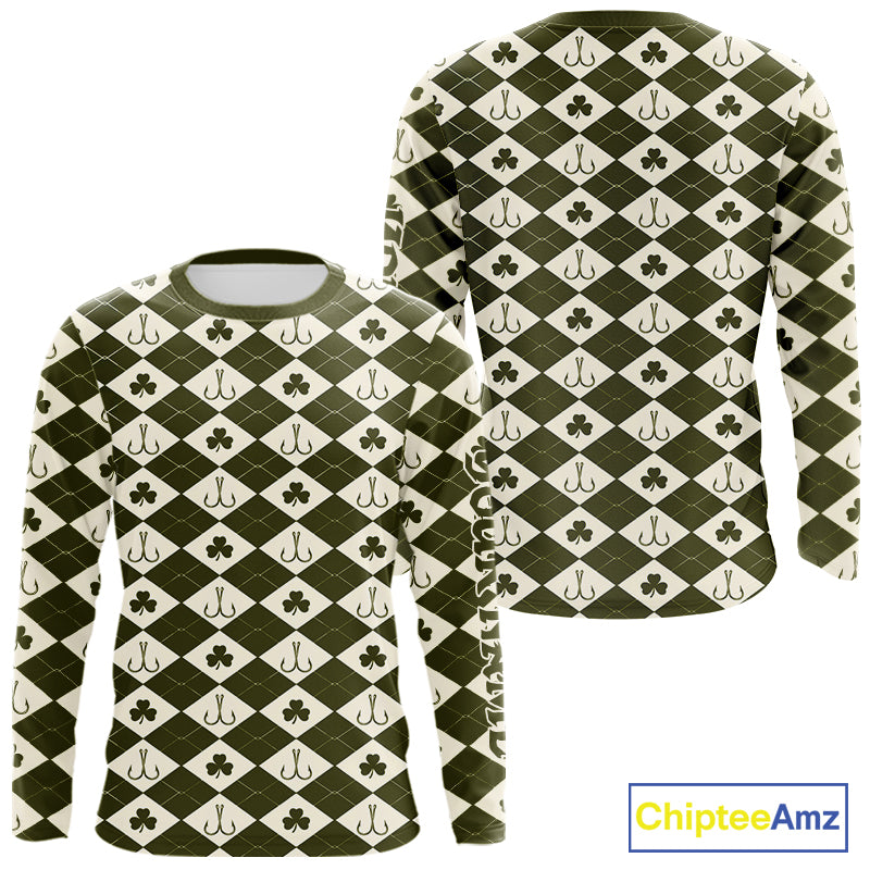Irish Fishing Shirt Long Sleeve Shamrock Argyle, Funny Hook & Clover Pattern Top For Anglers NHT1483