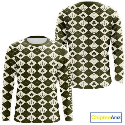 Irish Fishing Shirt Long Sleeve Shamrock Argyle, Funny Hook & Clover Pattern Top For Anglers NHT1483