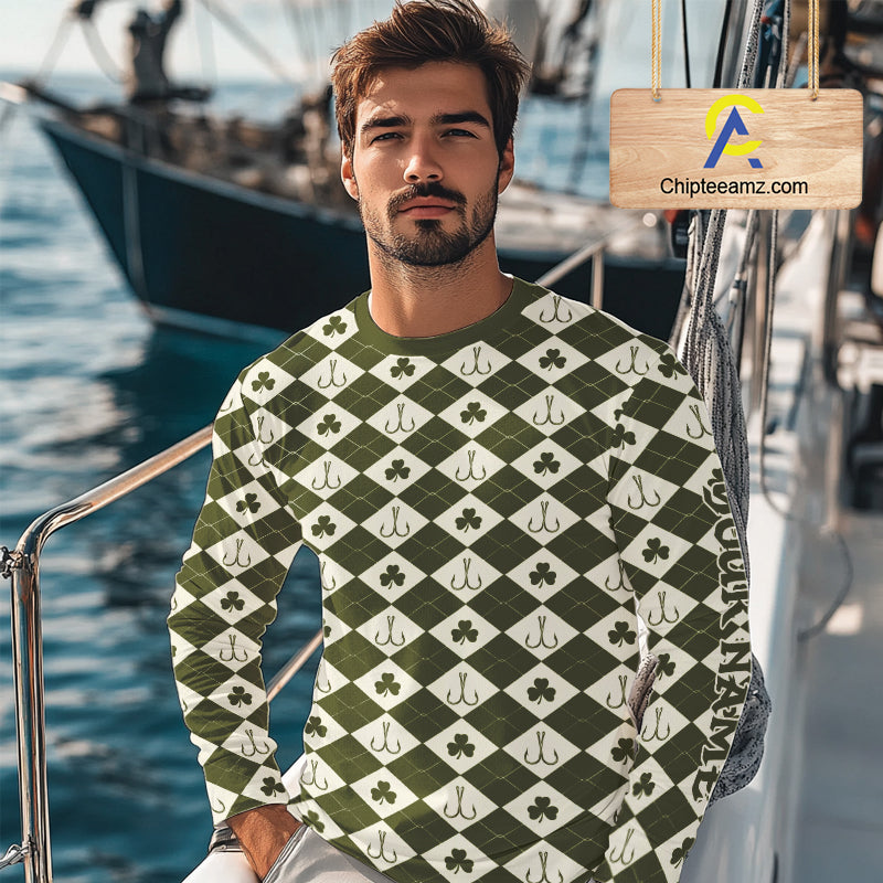 Irish Fishing Shirt Long Sleeve Shamrock Argyle, Funny Hook & Clover Pattern Top For Anglers NHT1483