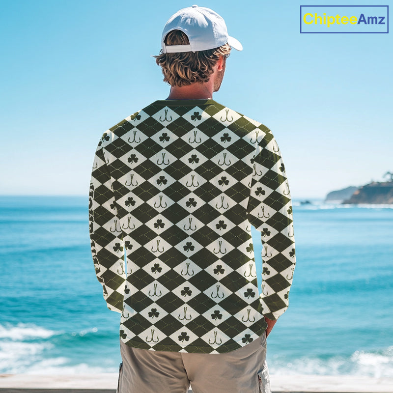 Irish Fishing Shirt Long Sleeve Shamrock Argyle, Funny Hook & Clover Pattern Top For Anglers NHT1483