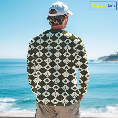 Irish Fishing Shirt Long Sleeve Shamrock Argyle, Funny Hook & Clover Pattern Top For Anglers NHT1483