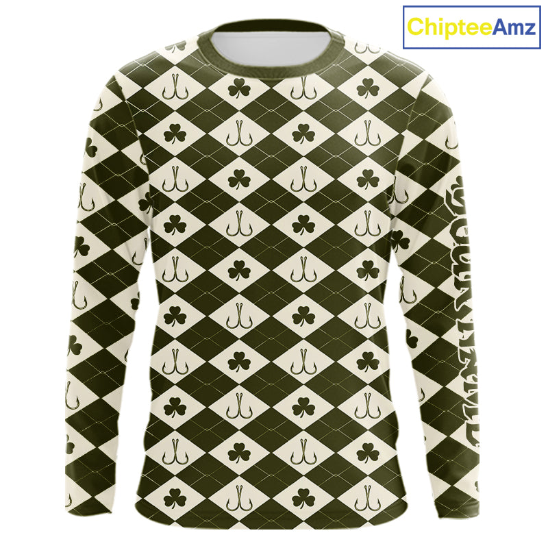 Irish Fishing Shirt Long Sleeve Shamrock Argyle, Funny Hook & Clover Pattern Top For Anglers NHT1483