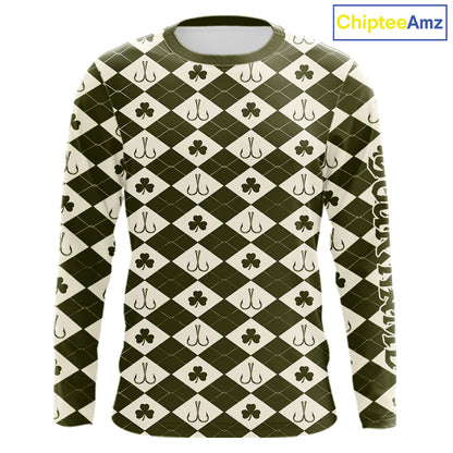 Irish Fishing Shirt Long Sleeve Shamrock Argyle, Funny Hook & Clover Pattern Top For Anglers NHT1483