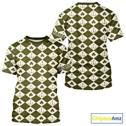 Irish Fishing Shirt Short Sleeve Shamrock Argyle, Funny Hook & Clover Pattern Top For Anglers NHT1483