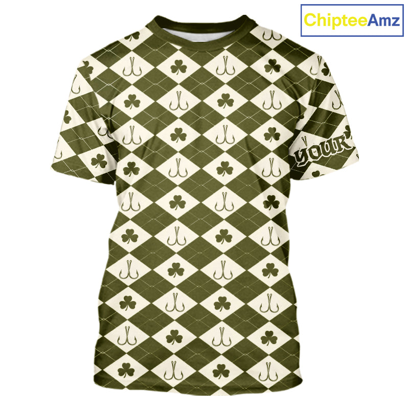 Irish Fishing Shirt Short Sleeve Shamrock Argyle, Funny Hook & Clover Pattern Top For Anglers NHT1483