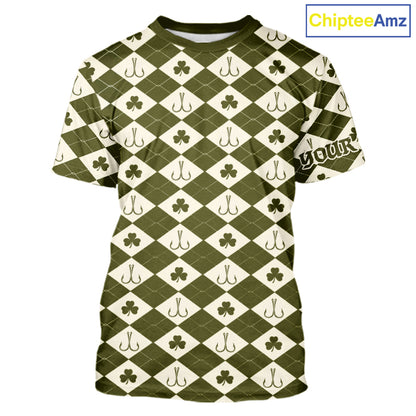 Irish Fishing Shirt Short Sleeve Shamrock Argyle, Funny Hook & Clover Pattern Top For Anglers NHT1483