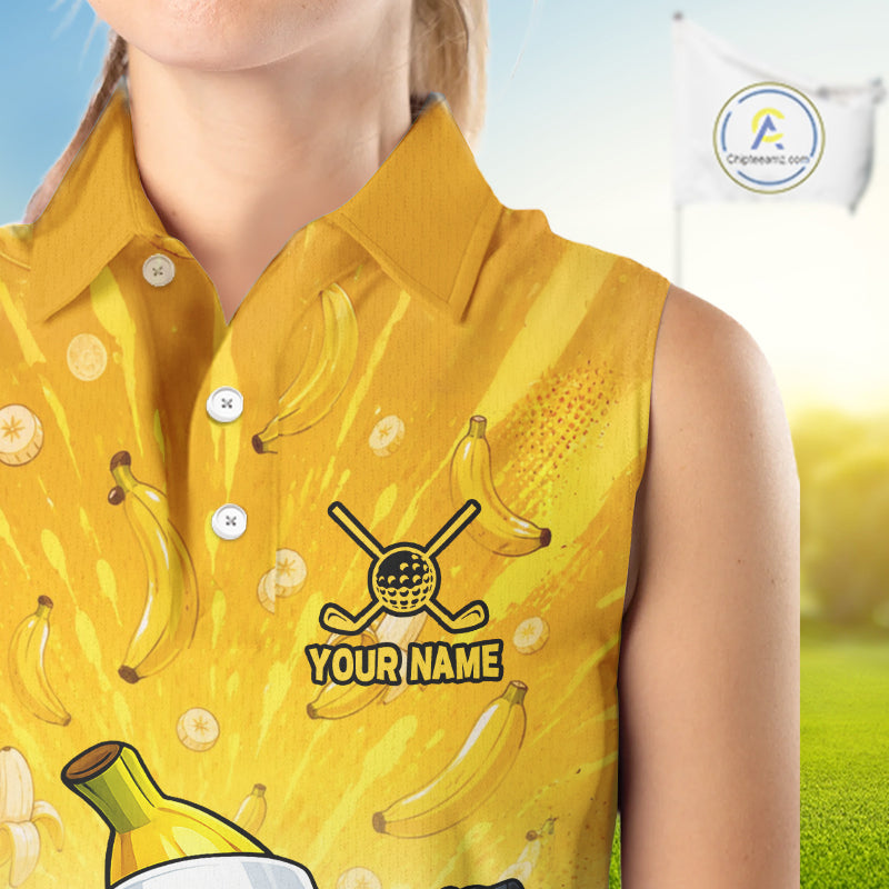 Yellow sleeveless shirt with banana pattern and golf club design, featuring a customizable name area, on a blurred outdoor background.
