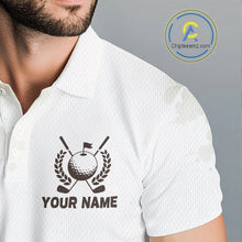 Load image into Gallery viewer, White polo shirt with golf-themed design and 'Your Name' text on a gray background