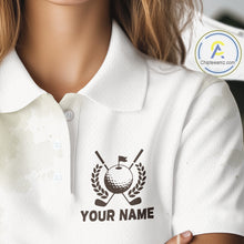 Load image into Gallery viewer, White polo shirt with golf-themed design and 'Your Name' text on a blurred background
