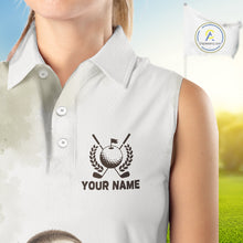 Load image into Gallery viewer, White sleeveless polo shirt with golf-themed design and 'Your Name' text on a blurred golf course background.