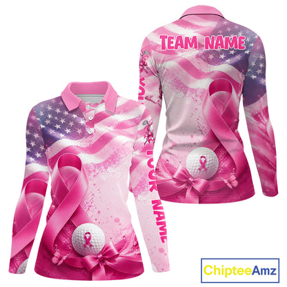Women Golf Polo Shirt Breast Cancer Awareness Pink Ribbon USA Flag, Custom Name Team Golf Gift NHT1493