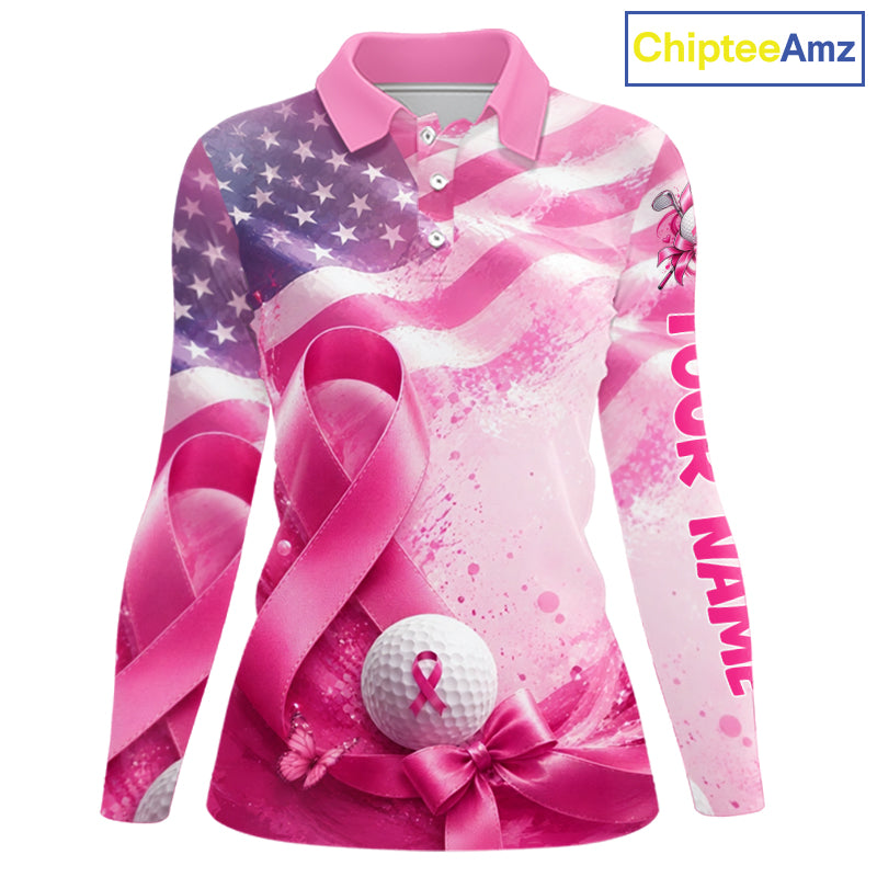 Women Golf Polo Shirt Breast Cancer Awareness Pink Ribbon USA Flag, Custom Name Team Golf Gift NHT1493