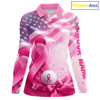Women Golf Polo Shirt Breast Cancer Awareness Pink Ribbon USA Flag, Custom Name Team Golf Gift NHT1493
