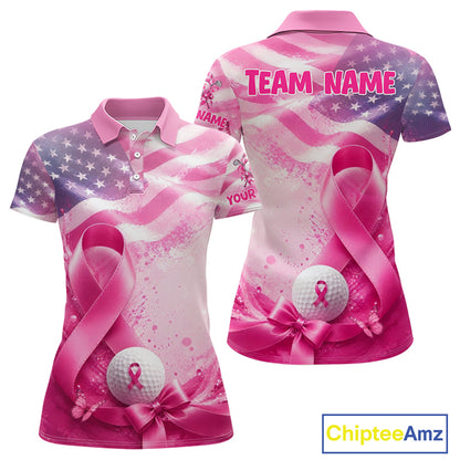 Women Golf Polo Shirt Breast Cancer Awareness Pink Ribbon USA Flag, Custom Name Team Golf Gift NHT1493