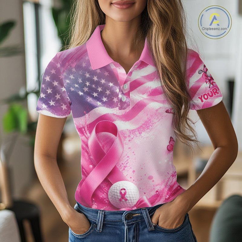 Women Golf Polo Shirt Breast Cancer Awareness Pink Ribbon USA Flag, Custom Name Team Golf Gift NHT1493