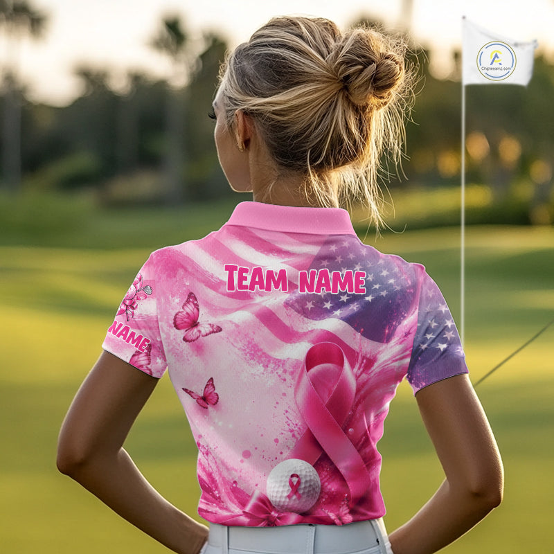 Women Golf Polo Shirt Breast Cancer Awareness Pink Ribbon USA Flag, Custom Name Team Golf Gift NHT1493