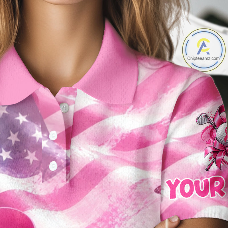Women Golf Polo Shirt Breast Cancer Awareness Pink Ribbon USA Flag, Custom Name Team Golf Gift NHT1493