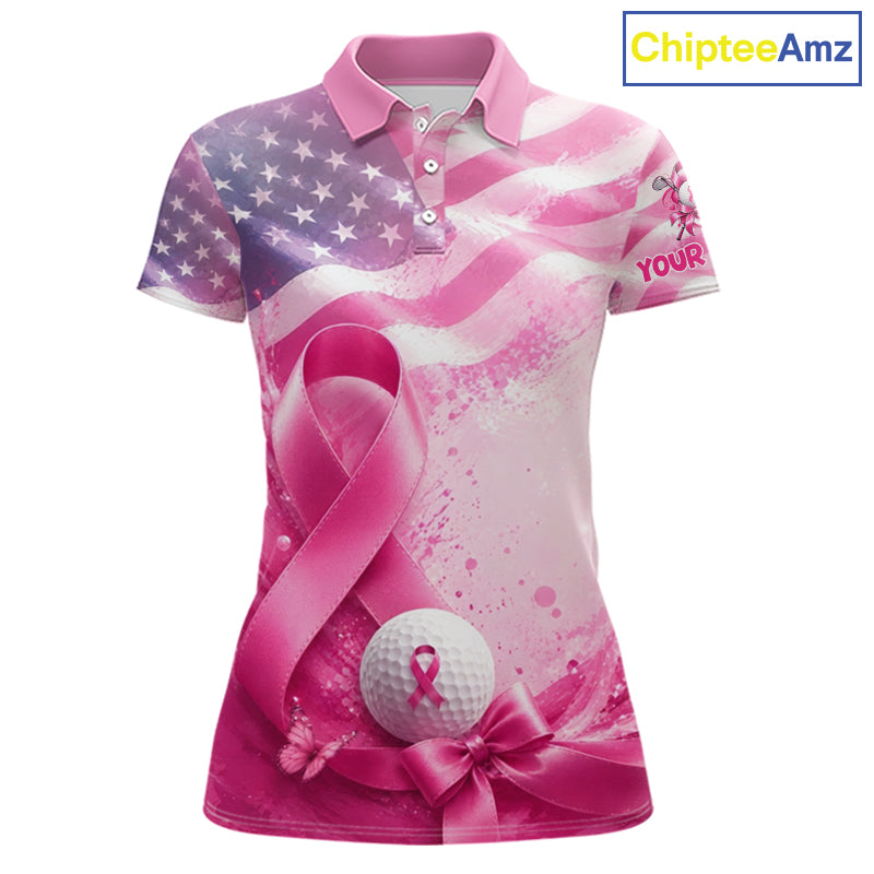 Women Golf Polo Shirt Breast Cancer Awareness Pink Ribbon USA Flag, Custom Name Team Golf Gift NHT1493