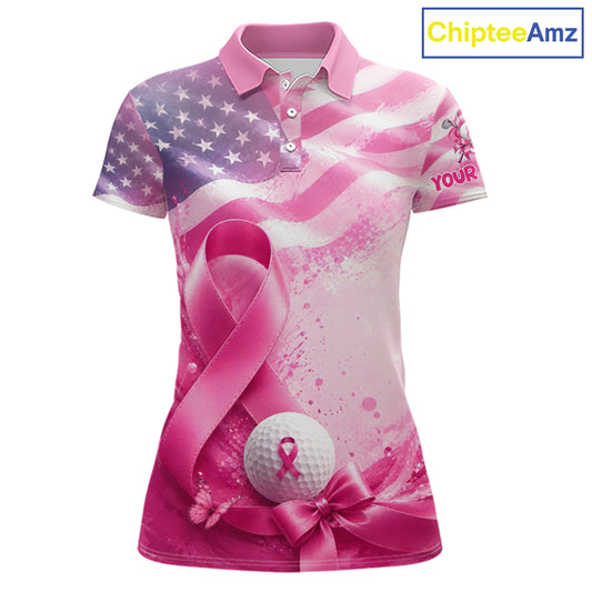 Women Golf Polo Shirt Breast Cancer Awareness Pink Ribbon USA Flag, Custom Name Team Golf Gift NHT1493