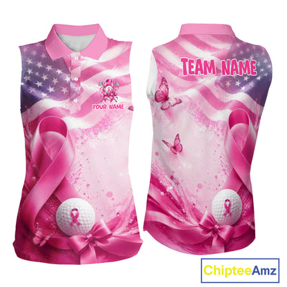 Women Sleeveless Golf Polo Shirt Breast Cancer Awareness Pink Ribbon USA Flag, Custom Name Team Golf Gift NHT1493