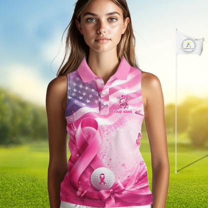 Women Sleeveless Golf Polo Shirt Breast Cancer Awareness Pink Ribbon USA Flag, Custom Name Team Golf Gift NHT1493