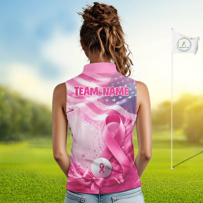 Women Sleeveless Golf Polo Shirt Breast Cancer Awareness Pink Ribbon USA Flag, Custom Name Team Golf Gift NHT1493