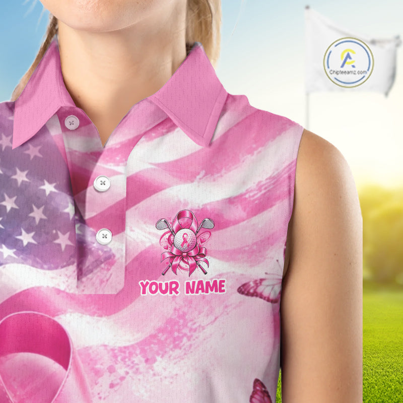 Women Sleeveless Golf Polo Shirt Breast Cancer Awareness Pink Ribbon USA Flag, Custom Name Team Golf Gift NHT1493