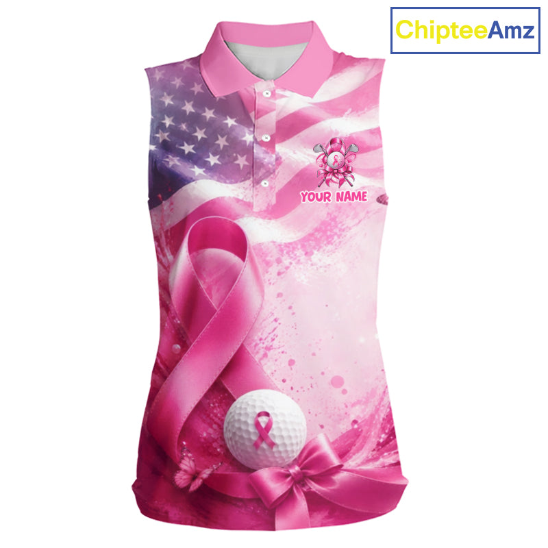 Women Sleeveless Golf Polo Shirt Breast Cancer Awareness Pink Ribbon USA Flag, Custom Name Team Golf Gift NHT1493