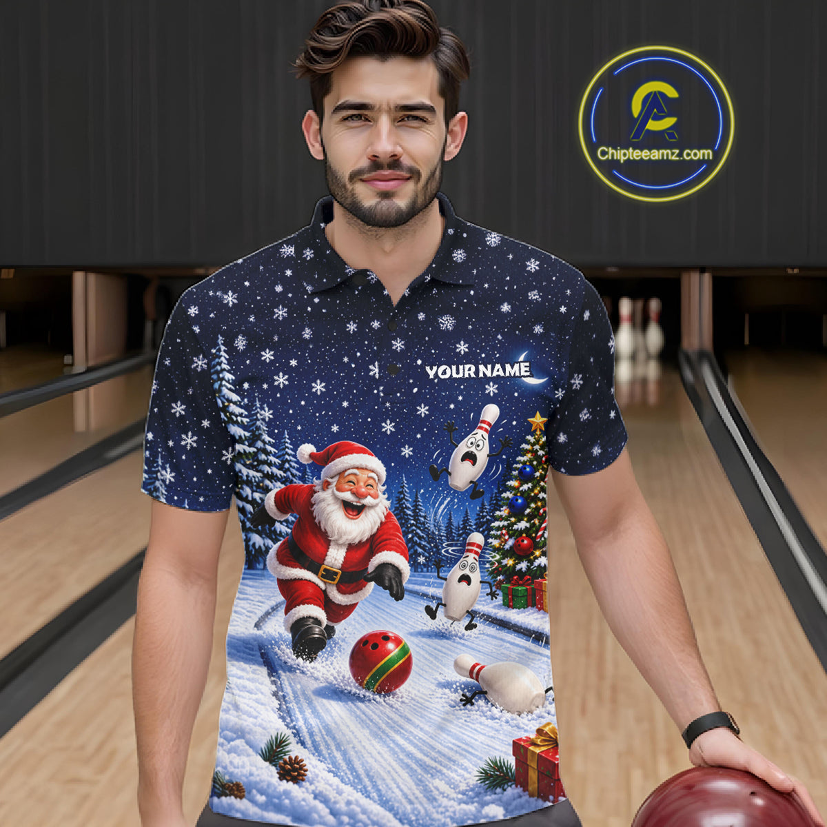 Bowling Pins Santa Christmas Polo Shirt Custom 1/4 Zipper Winter Snow Sports Team Jersey For Men NHT1833