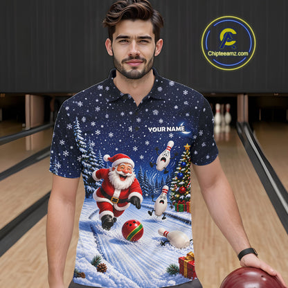 Bowling Pins Santa Christmas Polo Shirt Custom 1/4 Zipper Winter Snow Sports Team Jersey For Men NHT1833