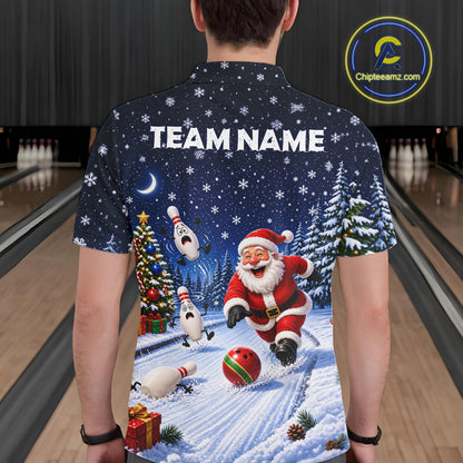 Bowling Pins Santa Christmas Polo Shirt Custom 1/4 Zipper Winter Snow Sports Team Jersey For Men NHT1833