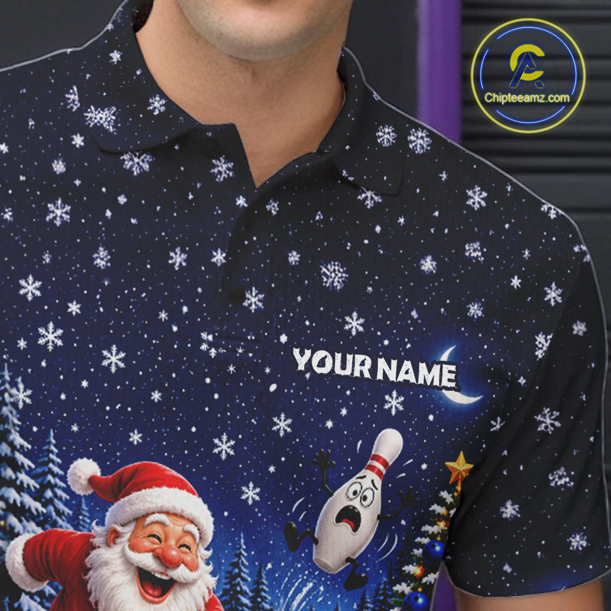 Bowling Pins Santa Christmas Polo Shirt Custom 1/4 Zipper Winter Snow Sports Team Jersey For Men NHT1833