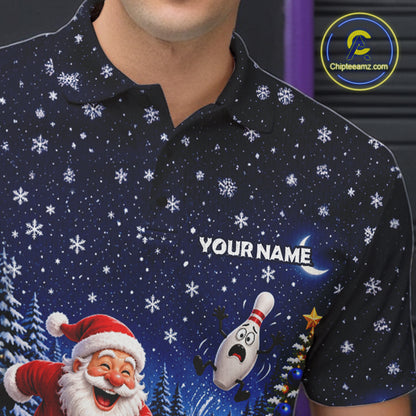 Bowling Pins Santa Christmas Polo Shirt Custom 1/4 Zipper Winter Snow Sports Team Jersey For Men NHT1833