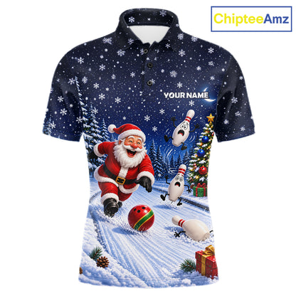 Bowling Pins Santa Christmas Polo Shirt Custom 1/4 Zipper Winter Snow Sports Team Jersey For Men NHT1833