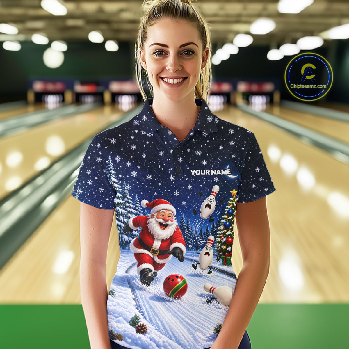 Bowling Pins Santa Christmas Polo Shirt Custom 1/4 Zipper Winter Snow Sports Team Jersey For Women NHT1833