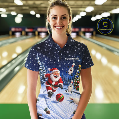 Bowling Pins Santa Christmas Polo Shirt Custom 1/4 Zipper Winter Snow Sports Team Jersey For Women NHT1833