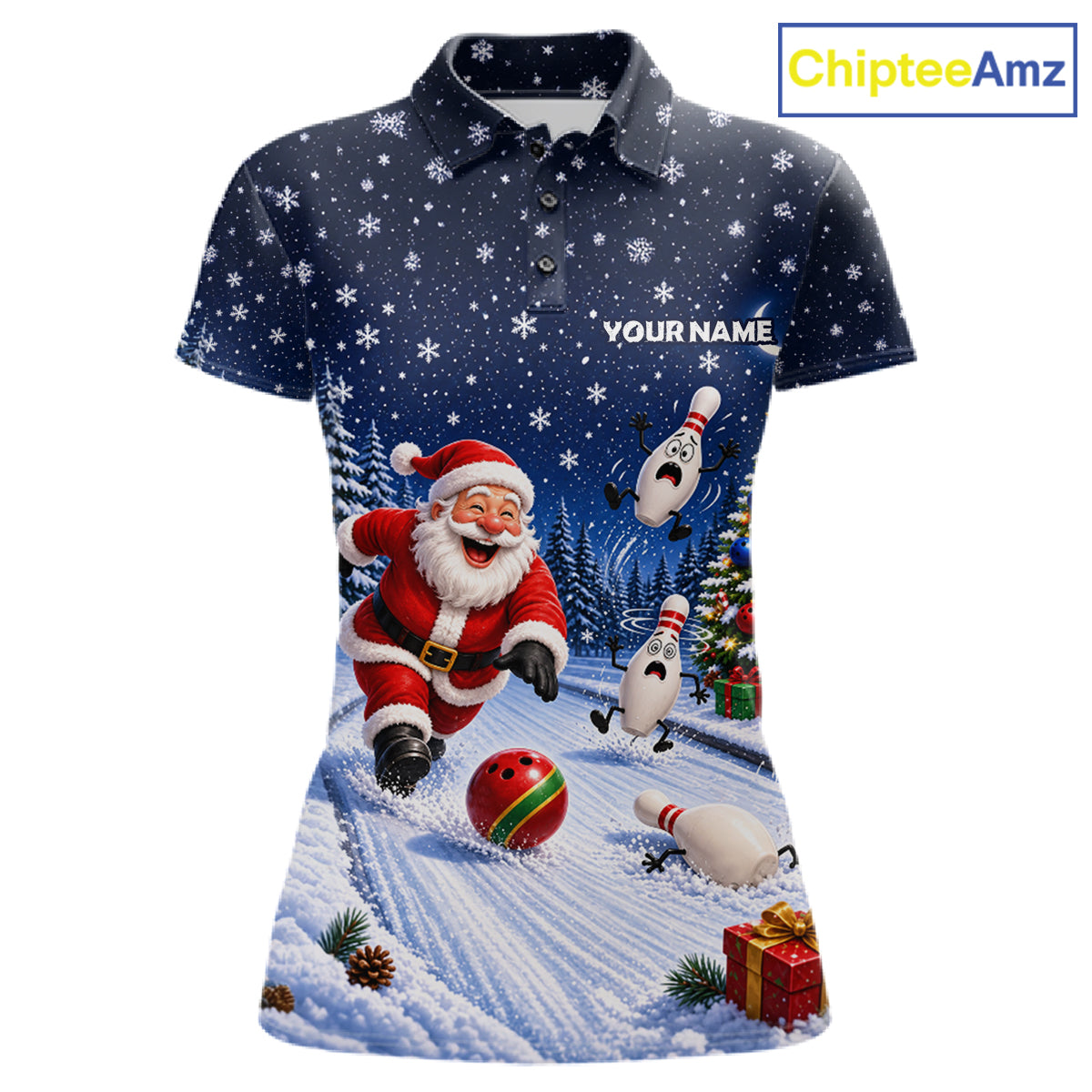 Bowling Pins Santa Christmas Polo Shirt Custom 1/4 Zipper Winter Snow Sports Team Jersey For Women NHT1833