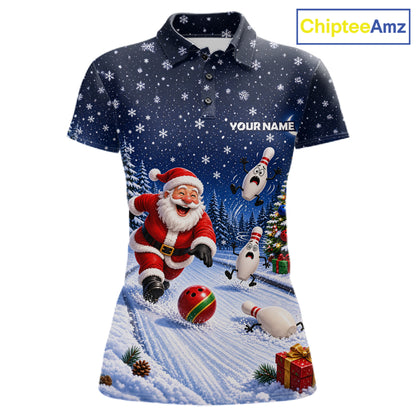 Bowling Pins Santa Christmas Polo Shirt Custom 1/4 Zipper Winter Snow Sports Team Jersey For Women NHT1833